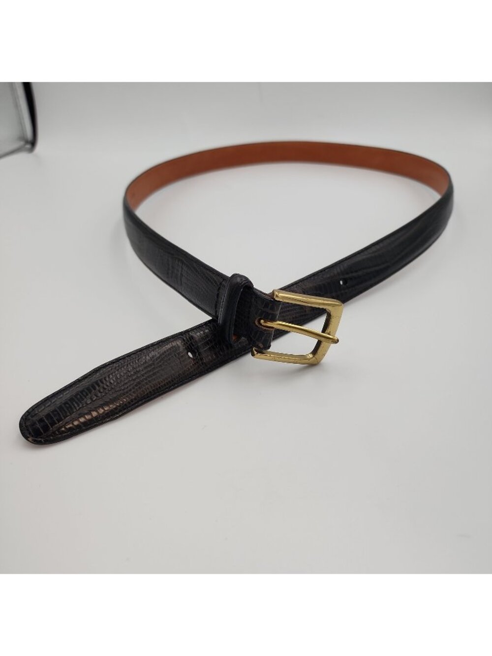Mens Black Leather Belt 38 Embossed Calfskin Brass Buckle Fits 37-40"